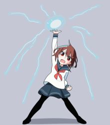 Rule 34 | 1girl, animated, animated gif, arm up, black pantyhose, brown eyes, brown hair, electricity, grey background, hair ornament, hairclip, ikazuchi (kancolle), kantai collection, long sleeves, looking at viewer, open mouth, pantyhose, school uniform, serafuku, short hair, simple background, skirt, solo, standing, tonmoh