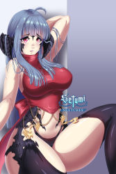 Rule 34 | absurdres, au ra, black thighhighs, blue hair, final fantasy, final fantasy xiv, highres, horns, non-web source, red eyes, scales, self-upload, setumi, setumi sketches, thick thighs, thighhighs, thighs