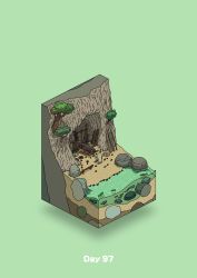Rule 34 | beach, boat, boulder, cave, commentary request, diorama, fish, gozz, green background, highres, isometric, log, original, rope, tree, watercraft