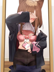 Rule 34 | 1girl, absurdres, animal ears, arm up, black jacket, black pantyhose, blue skirt, blush, bow, bow bra, bra, breasts, brown hair, cat ears, cellphone, clothes in mouth, clothes lift, clothes pull, commentary request, covering own eyes, facing viewer, haiba 09, high-waist pantyhose, highres, holding, holding phone, indoors, jacket, lifting own clothes, long hair, long sleeves, mouth hold, nekoseki rion (haiba 09), original, paid reward available, panties, panties under pantyhose, pantyhose, phone, pink bow, pink bra, pleated skirt, red bow, shirt, shirt in mouth, shirt lift, skirt, skirt pull, small breasts, smartphone, solo, underwear, white shirt, wooden floor