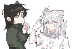 Rule 34 | 2girls, animal ears, braid, bright pupils, brown hair, cat ears, chinese commentary, collared dress, commentary request, dress, gloves, grey hair, hair ornament, hand up, index finger raised, kemonomimi mode, long hair, long sleeves, looking at viewer, molu stranger, multiple girls, nijisanji, orange eyes, parted lips, pink eyes, shirayuki tomoe, shirayuki tomoe (1st costume), short sleeves, simple background, single braid, sukoya kana, sukoya kana (1st costume), twintails, upper body, virtual youtuber, white background, white dress, white gloves, white pupils, wrist wrap, x hair ornament