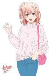 1girl :d bag blue_pants breasts brown_hair commentary_request dated denim grey_sweater hair_between_eyes hair_bun hand_in_pocket hand_up jeans long_sleeves medium_breasts one_side_up open_mouth pants puffy_long_sleeves puffy_sleeves red_eyes sakayaya shoulder_bag signature simple_background single_side_bun smile solo sweater turtleneck turtleneck_sweater white_background yahari_ore_no_seishun_lovecome_wa_machigatteiru. yuigahama_yui