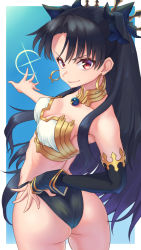 Rule 34 | 1girl, armlet, ass, asymmetrical legwear, asymmetrical sleeves, bare shoulders, bikini, black bikini, black bow, black hair, blue background, blush, border, bow, breasts, cleavage, closed mouth, detached collar, detached sleeves, earrings, fate/grand order, fate (series), hair bow, hoop earrings, ishtar (fate), jewelry, long hair, looking at viewer, medium breasts, mismatched bikini, neck ring, nyantiu, parted bangs, red eyes, single detached sleeve, smile, solo, swimsuit, thighs, tiara, two side up, uneven legwear, uneven sleeves, white bikini, white border