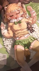 Rule 34 | 1girl, american beaver (kemono friends), animal ears, black-tailed prairie dog (kemono friends), blonde hair, blush, bow, bowtie, character doll, closed eyes, doll, from above, fur collar, hands up, highres, indoors, kemono friends, knees apart feet together, long sleeves, lying, medium hair, melaton, microskirt, midriff peek, multicolored hair, on back, on floor, open mouth, pillow, plaid, plaid skirt, skirt, sleeping, solo, stomach, sweater, tail, thighhighs, two-tone hair, white hair, zettai ryouiki