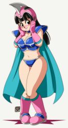Rule 34 | 0tacat, 1girl, absurdres, aged up, aqua cape, armor, bikini armor, black eyes, black hair, blue choker, blush, boots, breasts, cape, chi-chi (dragon ball), choker, cleavage, commentary, commission, curvy, dragon ball, dragon ball (classic), elbow gloves, english commentary, full body, gloves, helmet, highres, hime cut, knee boots, large breasts, long hair, navel, open mouth, pink footwear, pink gloves, pink headwear, shoulder armor, signature, smile, solo