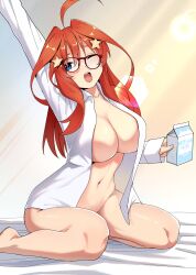 Rule 34 | 1girl, absurdres, ahoge, barefoot, black-framed eyewear, blue eyes, blush, bottomless, breasts, cleavage, collarbone, commentary request, dress shirt, glasses, go-toubun no hanayome, hair between eyes, hair ornament, highres, holding carton, kosmos beta, large breasts, long hair, looking at viewer, nakano itsuki, naked shirt, navel, no bra, no panties, open clothes, open mouth, open shirt, paid reward available, red hair, shirt, solo, star (symbol), star hair ornament, white shirt