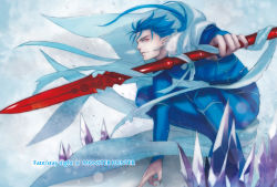 Rule 34 | 1boy, blue hair, cape, crossover, cu chulainn (fate), earrings, fate/stay night, fate (series), gae bolg (fate), jewelry, jun (ash), cu chulainn (fate/stay night), long hair, male focus, monster hunter (series), polearm, red eyes, solo, spear, weapon