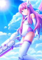 Rule 34 | 10s, 1girl, blue eyes, breasts, cleavage, cloud, day, elbow gloves, eyebrows, gloves, hair ornament, highres, long hair, looking at viewer, nepgear, neptune (series), pink hair, purple eyes, purple sister, sky, small breasts, smile, solmyr2000, solo, sword, symbol-shaped pupils, very long hair, weapon