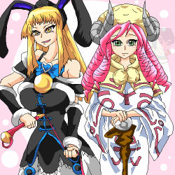 Rule 34 | 2girls, aged up, animal ears, blonde hair, breasts, drill hair, duel monster, ebon magician curran, green eyes, horns, large breasts, lowres, multiple girls, pink hair, rabbit ears, staff, ten2009, tensama (ten2009), twin drills, whip, white magician pikeru, yu-gi-oh!, yu-gi-oh! duel monsters
