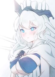 Rule 34 | 1girl, abyssal ship, black gloves, blue eyes, blush, breasts, capelet, cleavage, clenched hand, covered erect nipples, european princess, fingerless gloves, gloves, grey background, hat, kantai collection, large breasts, long hair, looking at viewer, pale skin, simple background, solo, tomamatto, upper body, white background, white capelet, white hair