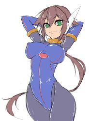 Rule 34 | 1girl, aile (mega man zx), bodysuit, breasts, brown hair, capcom, covered erect nipples, ponytail, mega man (series), mega man zx, sanagi semi, semikichi, tagme