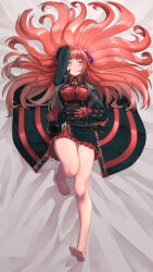 Rule 34 | 1girl, arknights, bagpipe (arknights), bagpipe (royal guardswoman) (arknights), bagpipe (royal guardswoman) (arknights), bare legs, barefoot, bed sheet, black coat, black skirt, blush, breasts, coat, collared shirt, commentary request, dragon girl, dragon horns, feet, gloves, hand on own stomach, hand up, highres, horns, knee up, large breasts, legs, long hair, looking at viewer, looking up, lying, multicolored coat, on back, parted lips, purple eyes, red coat, red gloves, red hair, red shirt, red skirt, shirt, signature, skirt, soles, solo, toes, two-tone coat, yamauchi (conan-comy)