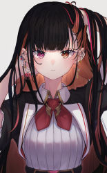 Rule 34 | 1girl, absurdres, arm up, black hair, blush, closed mouth, colored inner hair, commentary request, ear piercing, earrings, hand up, hands in hair, heterochromia, highres, jacket, jewelry, lize helesta, long hair, looking at viewer, multicolored hair, nenehotoso, nijisanji, orange hair, piercing, purple eyes, red eyes, red jacket, red neckwear, shirt, short sleeves, simple background, solo, upper body, virtual youtuber, white background, white shirt