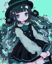Rule 34 | 1girl, :o, aqua background, aqua theme, black dress, black hat, blunt bangs, blush, bow, bowtie, braid, bug, butterfly, buttons, commentary, cotono (nazekun), dress, green background, green bow, green bowtie, green eyes, green ribbon, green theme, hat, hat ribbon, highres, holding, holding umbrella, insect, looking at viewer, original, ribbon, signature, simple background, solo, twin braids, umbrella, upper body, white butterfly, white sleeves