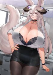 Rule 34 | 1girl, animal ears, black bra, blood hood, bra, breasts, choker, cleavage, curvy, fraeya (vtuber), glasses, hand on own hip, highres, horn ornament, horns, huge breasts, indie virtual youtuber, miniskirt, office, office lady, open clothes, open shirt, pantyhose, skirt, sleeves rolled up, solo, tail, thick thighs, thighs, underwear, virtual youtuber, watch, wide hips, wristwatch