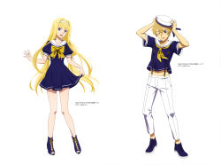 Rule 34 | 1boy, 1girl, :d, ;d, absurdres, alice zuberg, arms up, bare legs, blonde hair, blue dress, blue eyes, blue footwear, blue ribbon, blue shirt, bow, bowtie, collared shirt, dress, eugeo, floating hair, full body, green eyes, hair between eyes, hair tubes, hairband, hat, hat ribbon, highres, long hair, looking at viewer, midriff, navel, neckerchief, official art, one eye closed, open mouth, pants, pleated dress, ribbon, sailor collar, sailor dress, sailor shirt, shirt, short dress, short sleeves, simple background, skirt hold, smile, stomach, suspenders, sword art online, twintails, very long hair, white background, white hairband, white headwear, white pants, white sailor collar, yellow bow, yellow bowtie, yellow neckerchief