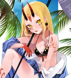 Rule 34 | 1girl, artist name, banner, bare shoulders, bebe (bebe pp), bikini, black bikini, black nails, blonde hair, blue kimono, breasts, commentary request, commission, facial mark, fang, fate/grand order, fate (series), front-tie bikini top, front-tie top, holding, horns, ibaraki douji (fate), ibaraki douji (swimsuit lancer) (first ascension) (fate), japanese clothes, kimono, long hair, looking at viewer, medium breasts, nail polish, off shoulder, oni, oni horns, sitting, skeb commission, skin fang, solo, swimsuit, tattoo, yellow eyes