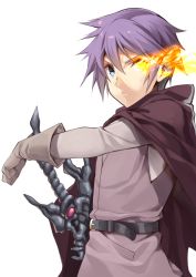 Rule 34 | 1boy, belt, blue eyes, cape, commentary request, flaming eye, gloves, hair between eyes, highres, luka (mon-musu quest!), male focus, mon-musu quest!, purple hair, serious, short hair, simple background, solo, spiked hair, sword, tunic, weapon, white background, yappen