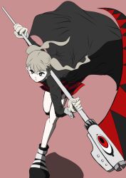 Rule 34 | 1girl, blonde hair, closed mouth, full body, green eyes, green necktie, highres, holding, holding scythe, lizard shop, long hair, long sleeves, looking at viewer, maka albarn, necktie, plaid, plaid skirt, pleated skirt, scythe, simple background, skirt, solo, soul eater, striped necktie, twintails