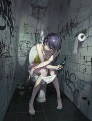 Rule 34 | 1girl, bare shoulders, bathroom, blue hair, bottle, breasts, cigarette, cleavage, dino (dinoartforame), graffiti, highres, holding, holding bottle, holding cigarette, leaning forward, long hair, original, panties, panty pull, red eyes, sitting, slippers, smoke, tank top, tile floor, tile wall, tiles, toilet, toilet paper, underwear, used tissue, white panties, wristband, yellow tank top