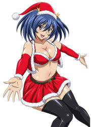 Rule 34 | 00s, 1girl, bare shoulders, bashoku youjou, blue hair, blush, breasts, christmas, cleavage, female focus, hair ornament, hat, ikkitousen, large breasts, legs, looking at viewer, navel, open mouth, pink eyes, santa hat, short twintails, skirt, smile, solo, thighhighs, twintails