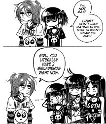 Rule 34 | 2koma, 4girls, bare shoulders, belt, choker, closed eyes, clothes writing, collar, comic, corrupted twitter file, crop top, ear piercing, emo-girl (grs-), emo fashion, english text, freckles, goth-girl (grs-), goth fashion, greyscale, grs-, grunge-girl (grs-), grunge (genre), hands on another&#039;s waist, highres, long hair, long sleeves, medium hair, midriff, monochrome, multiple girls, no mouth, o o, original, piercing, polygamy, ponytail, punk-girl (grs-), sad, shirt, short hair, simple background, sleeveless, spiked belt, spiked collar, spiked jacket, spikes, t-shirt, white background, yuri