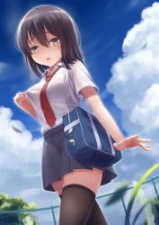 Rule 34 | 1girl, bag, bag charm, black thighhighs, blue skirt, blue sky, blurry, blurry background, blurry foreground, blush, breasts, brown eyes, brown hair, brown thighhighs, chain-link fence, charm (object), clothes tug, cloud, cloudy sky, collared shirt, commentary request, cowboy shot, day, depth of field, dot nose, dress shirt, dutch angle, fence, fingernails, from below, hair between eyes, highres, looking at viewer, loose necktie, loose neckwear, medium breasts, miniskirt, necktie, nose blush, open mouth, original, outdoors, pleated skirt, red necktie, school bag, school uniform, see-through, shirt, shirt tug, short sleeves, skirt, sky, solo, summer, sweat, thighhighs, walking, white ph, white shirt, zettai ryouiki