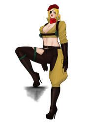 Rule 34 | 1girl, alternate costume, belt, beret, boots, breasts, cleavage, cosplay, crop top, elbow gloves, eyepatch, facial mark, female soldier, final fight, gloves, half-closed eyes, hat, high heels, highres, komii, large breasts, leg up, midriff, military, military uniform, navel, nina williams, no bra, ponytail, rolento, rolento (cosplay), scarf, shoes, soldier, solo, street fighter, street fighter x tekken, tekken, thigh boots, thigh strap, thighhighs, uniform