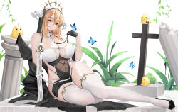 Rule 34 | 1girl, azur lane, baige0, bare shoulders, between breasts, black footwear, black gloves, blonde hair, breast cutout, breasts, covered navel, cross, gloves, highres, horns, implacable (azur lane), large breasts, long bangs, long hair, looking at viewer, manjuu (azur lane), nun, pelvic curtain, revealing clothes, shirt slip, solo, structure, thighhighs, white horns, white thighhighs