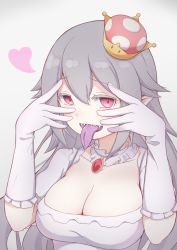 Rule 34 | 1girl, :p, breasts, choker, cleavage, commentary request, crown, gloves, grey background, hatafuta, heart, highres, large breasts, looking at viewer, luigi&#039;s mansion, mario (series), new super mario bros. u deluxe, nintendo, open mouth, pink eyes, princess king boo, purple tongue, sharp teeth, simple background, solo, super crown, teeth, tongue, tongue out, upper body, white choker, white gloves