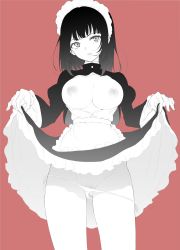 Rule 34 | 1girl, apron, black hair, breasts, breasts out, gloves, gluteal fold, groin, highres, kyokucho, maid, maid apron, maid headdress, medium breasts, nipples, no bra, original, panties, pink background, self exposure, short hair, side-tie panties, solo, thighs, underwear, unfinished, white gloves, white panties