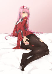 Rule 34 | 10s, 1girl, absurdres, black pantyhose, blush, darling in the franxx, feet, hentai kuwa, highres, horns, long hair, looking at viewer, no shoes, open mouth, panties, pantyhose, pink hair, saliva, solo, torn clothes, torn pantyhose, underwear, white panties, zero two (darling in the franxx)