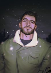 Rule 34 | 1boy, artist name, bara, beard, black hair, closed mouth, facial hair, green jacket, high collar, highres, jacket, looking at viewer, male focus, manly, mature male, night, night sky, original, outdoors, seupil hyugo (spirohugo), short hair, sideburns, sky, smile, snowing, solo, thick eyebrows, upper body