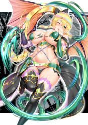 Rule 34 | 1girl, armor, bikini, bikini armor, bikini top only, black panties, black thighhighs, blonde hair, blush, braid, breasts, chain, commentary request, demon girl, demon wings, detached sleeves, fairy, feet out of frame, finger in own mouth, finger to tongue, front-tie bikini top, front-tie top, gradient hair, green bikini, green eyes, hair between eyes, highres, holding, holding weapon, kawase seiki, leafa, licking, licking finger, long ears, long hair, multicolored hair, nail polish, naughty face, navel, one eye closed, panties, pink nails, pointy ears, revealing clothes, solo, swimsuit, sword, sword art online, thighhighs, tongue, tongue out, twin braids, underboob, underwear, very long hair, weapon, wings