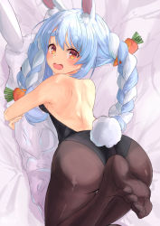 Rule 34 | 1girl, absurdres, ass, bed sheet, blue hair, blush, braid, carrot, feet, from above, highres, hololive, leotard, long hair, looking at viewer, looking back, lying, on stomach, open mouth, pantyhose, playboy bunny, rabbit ears, red eyes, reitou mkn, shoulder blades, soles, solo, usada pekora, virtual youtuber