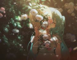 Rule 34 | 1girl, aqua hair, arm behind back, blurry, blurry background, blush, closed eyes, closed mouth, collarbone, covering face, dress, field, flower, flower field, foliage, glowing, hat, hatsune miku, highres, holding, holding clothes, holding hat, konya karasue, leaf, light, light particles, long hair, night, off-shoulder dress, off shoulder, outdoors, pink flower, sidelocks, smile, solo, standing, sun hat, unworn hat, unworn headwear, vocaloid, white dress, white flower