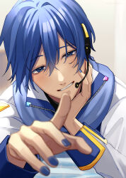 Rule 34 | 1boy, blue eyes, blue hair, blue nails, blush, hair between eyes, highres, kaito (vocaloid), kaito (vocaloid3), long sleeves, looking at viewer, male focus, nail polish, nokuhashi, open mouth, pointing, pointing at viewer, sleeve cuffs, vocaloid