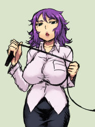 Rule 34 | 1girl, breast pocket, breasts, character request, green eyes, large breasts, lips, long hair, mole, mole under eye, parted lips, pocket, purple hair, sagging breasts, shirt, solo, tsukudani (coke-buta), whip