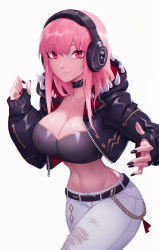 Rule 34 | 1girl, adapted costume, alternate costume, bad id, bad twitter id, bandeau, belt, belt chain, black choker, black nails, breasts, choker, cleavage, collarbone, cowboy shot, cropped jacket, denim, fingernails, gold trim, hand up, headphones, highres, hololive, hololive english, hood, hooded jacket, jacket, jeans, large breasts, leather, leather jacket, liyart, long hair, looking at viewer, mori calliope, nail polish, narrow waist, navel, open clothes, open jacket, pants, pink eyes, pink hair, punk, simple background, sleeves past wrists, smile, solo, thick thighs, thighs, torn clothes, torn pants, tsurime, virtual youtuber, white background, white pants, zipper, zipper pull tab