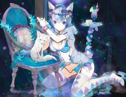 Rule 34 | 1girl, animal ears, argyle, argyle clothes, argyle legwear, bendy straw, blue bra, blue eyes, blue hair, blue panties, blue theme, bra, bracelet, breasts, chair, chalice, cleavage, cup, drinking straw, fox, fox ears, fox tail, front-tie top, fuyuno haruaki, garter belt, hair ornament, hat, jewelry, kneeling, matching hair/eyes, medium breasts, mini hat, mini top hat, open clothes, open shirt, original, panties, ring, shirt, short hair, side-tie panties, sitting, solo, tail, thighhighs, top hat, tray, underwear, untied, white thighhighs