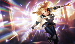 Rule 34 | 1girl, armor, armored boots, baton, blonde hair, blue eyes, bodysuit, boobplate, boots, bracer, breastplate, faulds, gloves, hairband, league of legends, light rays, long hair, lux (league of legends), official art, pauldrons, shoulder armor, skyline, smile, solo, tower, white gloves