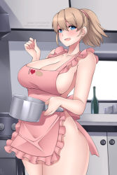 Rule 34 | 1girl, apron, blue eyes, blush, breasts, cleavage, collarbone, holding, holding pot, indoors, intrepid (kancolle), kantai collection, kitchen, large breasts, light brown hair, lindaroze, looking at viewer, medium hair, naked apron, open mouth, pink apron, ponytail, pot, smile, solo, standing, thighs