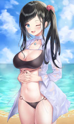 Rule 34 | 1girl, ;d, absurdres, beach, bikini, black bikini, black hair, blue eyes, breasts, cleavage, cloud, collarbone, commentary request, cowboy shot, day, hair ornament, highres, horizon, large breasts, long hair, long sleeves, looking at viewer, navel, o-ring, o-ring bikini, ocean, one eye closed, open clothes, open mouth, open shirt, original, outdoors, own hands together, shirt, side ponytail, smile, solo, stomach, swimsuit, thighs, wakum, water, white shirt