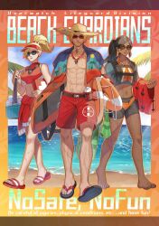Rule 34 | 1boy, 2girls, abs, artist name, barefoot, beach, beard, blonde hair, blue-tinted eyewear, breasts, brown-tinted eyewear, cassidy (overwatch), clenched hand, dark-skinned female, dark skin, day, english text, facial hair, full body, hat, high ponytail, highres, holding, kuzunue, large breasts, lifeguard, lifeguard cassidy, lifeguard mercy, looking at viewer, medium breasts, mercy (overwatch), miniskirt, multiple girls, navel, official alternate costume, outdoors, overwatch, overwatch 1, overwatch 2, pharah (overwatch), ponytail, red shorts, sandals, scar, scar on leg, short hair, shorts, skirt, sunglasses, tinted eyewear, whistle, whistle around neck