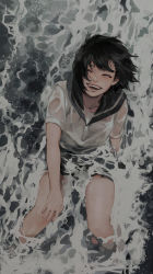 Rule 34 | 1girl, antera (emi), bare legs, black hair, black sailor collar, black skirt, collarbone, closed eyes, feet out of frame, from above, hand on own knee, highres, ocean, open mouth, original, partially submerged, sailor collar, school uniform, see-through, see-through shirt, serafuku, short hair, short sleeves, skirt, smile, solo, teeth, upper teeth only, wet, wet clothes