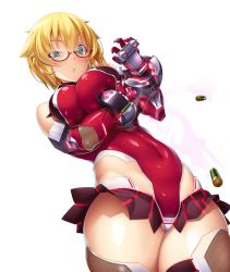 Rule 34 | 1girl, adjusting eyewear, blonde hair, blue eyes, blush, breast press, breasts, bullets, cleavage, covered erect nipples, covered navel, curvy, female focus, fishnets, glasses, hair between eyes, highres, huge breasts, leotard, lilith-soft, looking at viewer, potion (moudamepo), red-framed eyewear, red leotard, semi-rimless eyewear, serious, shinohara mari, shiny clothes, shiny skin, simple background, skin tight, skirt, solo, taimanin (series), taimanin asagi, taimanin asagi kessen arena, thighhighs, white background