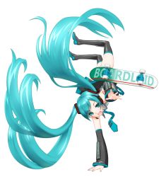 Rule 34 | 1girl, aqua eyes, aqua hair, boots, detached sleeves, floating hair, handstand, hatsune miku, headset, highres, long hair, necktie, one arm handstand, open mouth, simple background, skateboard, skirt, solo, thigh boots, thighhighs, twintails, upside-down, uz3d, very long hair, vocaloid, white background