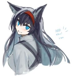 Rule 34 | 1girl, animal ears, arknights, black hair, blaze (arknights), blue eyes, cat ears, cropped torso, dated, female focus, hairband, happy birthday, highres, iwis, long hair, looking at viewer, looking back, red hairband, shirt, simple background, smile, solo, teeth, upper body, white background, white shirt