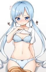 Rule 34 | 1girl, blue bra, blue eyes, blue hair, blue panties, blush, bow, bow bra, bow panties, bra, breasts, clothes lift, clothes pull, heart, highres, lifted by self, long hair, looking at viewer, medium breasts, navel, nose blush, original, panties, shadow, simple background, sitting, skirt, skirt pull, small breasts, solo, suwa yasai, twintails, underwear, white background
