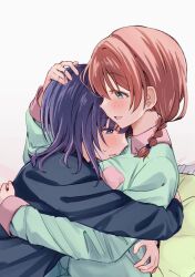 Rule 34 | 2girls, asaka karin, blue eyes, blue hair, blue pajamas, blunt bangs, blush, braid, commentary request, e atkenedm, emma verde, freckles, green pajamas, hand on another&#039;s back, hand on another&#039;s head, hug, long sleeves, looking at another, love live!, love live! nijigasaki high school idol club, medium hair, multiple girls, open mouth, pajamas, pillow, red hair, sidelocks, sweatdrop, twin braids, upper body, white background, yuri